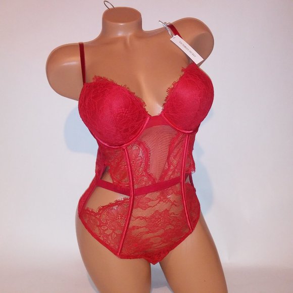 Victoria Secret Lingerie Teddy One Piece Bodysuit Bombshell Push Up Red Solid La - Picture 2 of 11